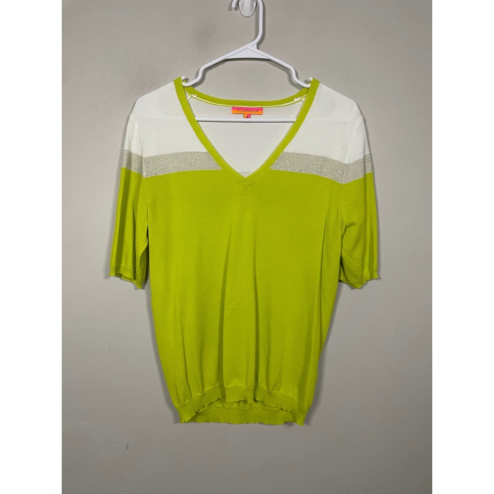 Vilagallo Lime Green V-Neck Short Sleeve Sweater Top Size Medium Preppy Spring